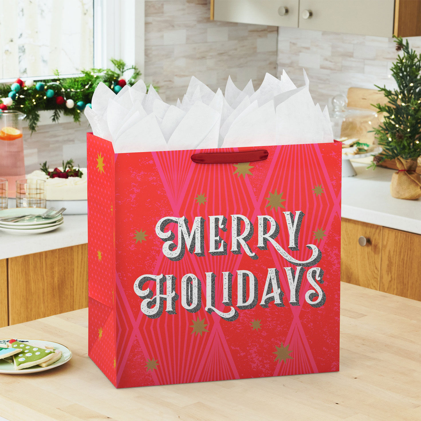 Glittery Red and Pink Big Holiday Gift Bag In use image number 2