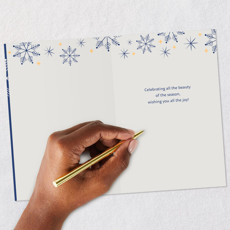 Modern Gold Lettering and Snowflakes on Blue Christmas Card Signing card image number 6