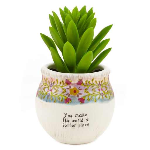 Natural Life Faux Succulent Make the World Better Mini Planter, 2", 