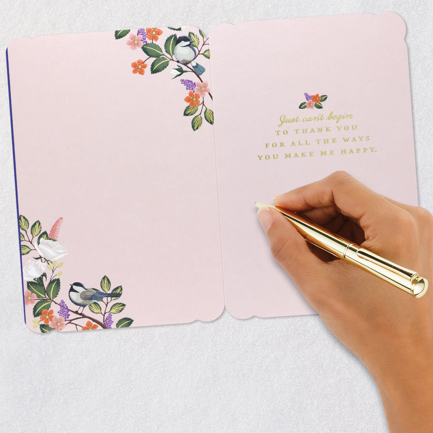 Birds and Flowers on Dark Blue Romantic Easter Card Signing card image number 6