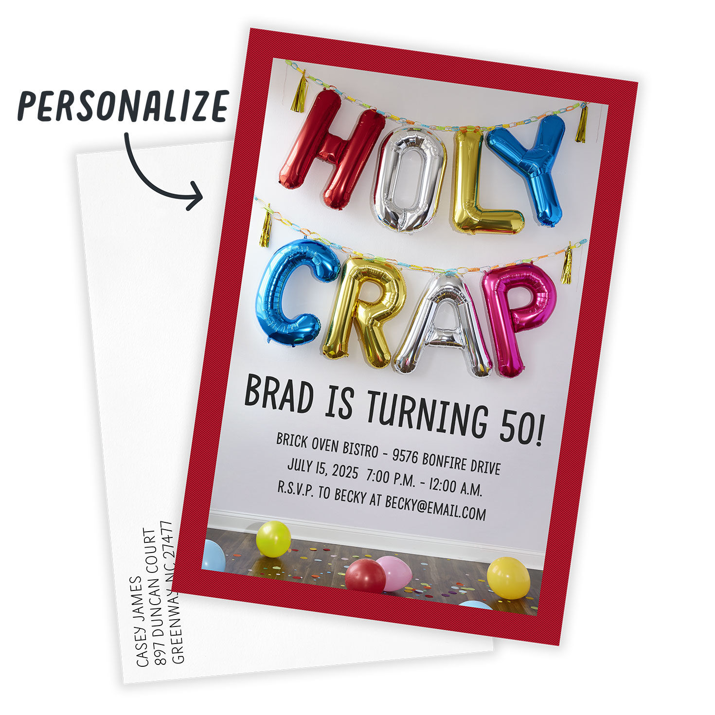 Holy Crap Balloons Personalized Party Invitation Card Front indicating personalization image number 2