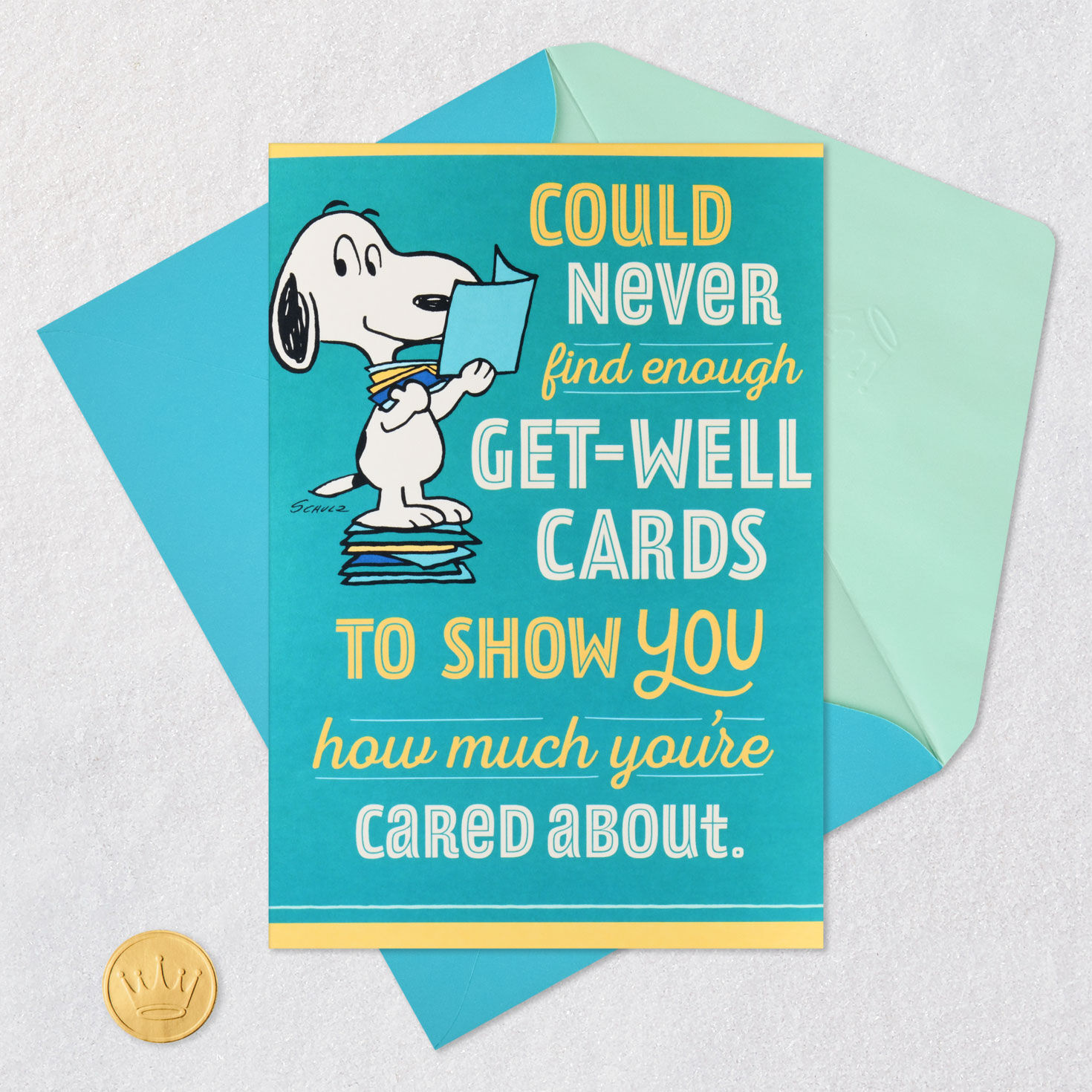 Snoopy on Green and Yellow Get Well Card Card Front with Envelope and Gold Seal image number 8