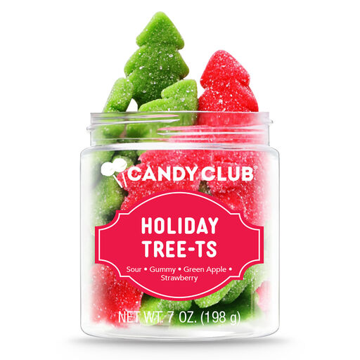 Candy Club Holiday Tree-ts Sour Green Apple and Strawberry Gummy Candies in Jar, 7 oz., 