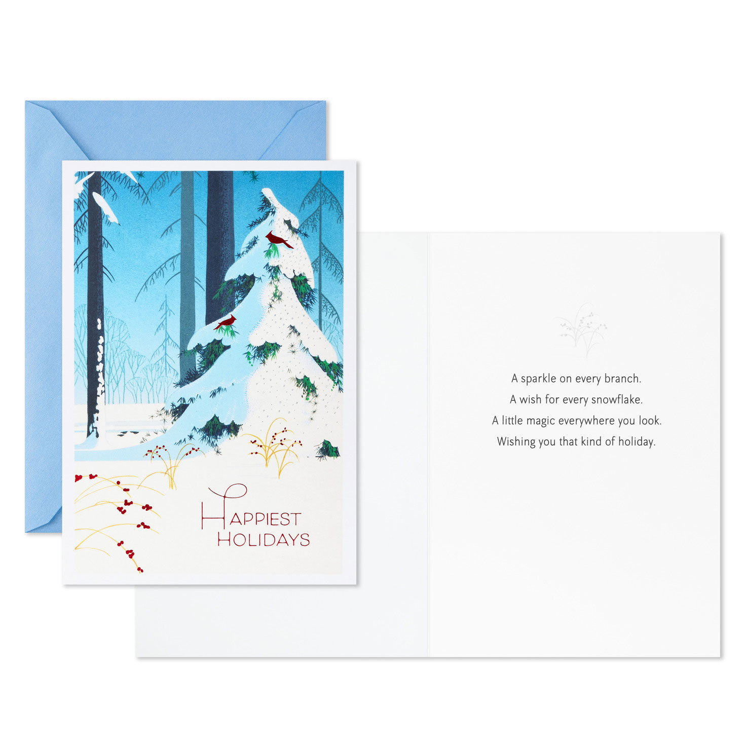 Snowy Pines and Red Birds Boxed Christmas Cards Card Front with Sentiment image number 3