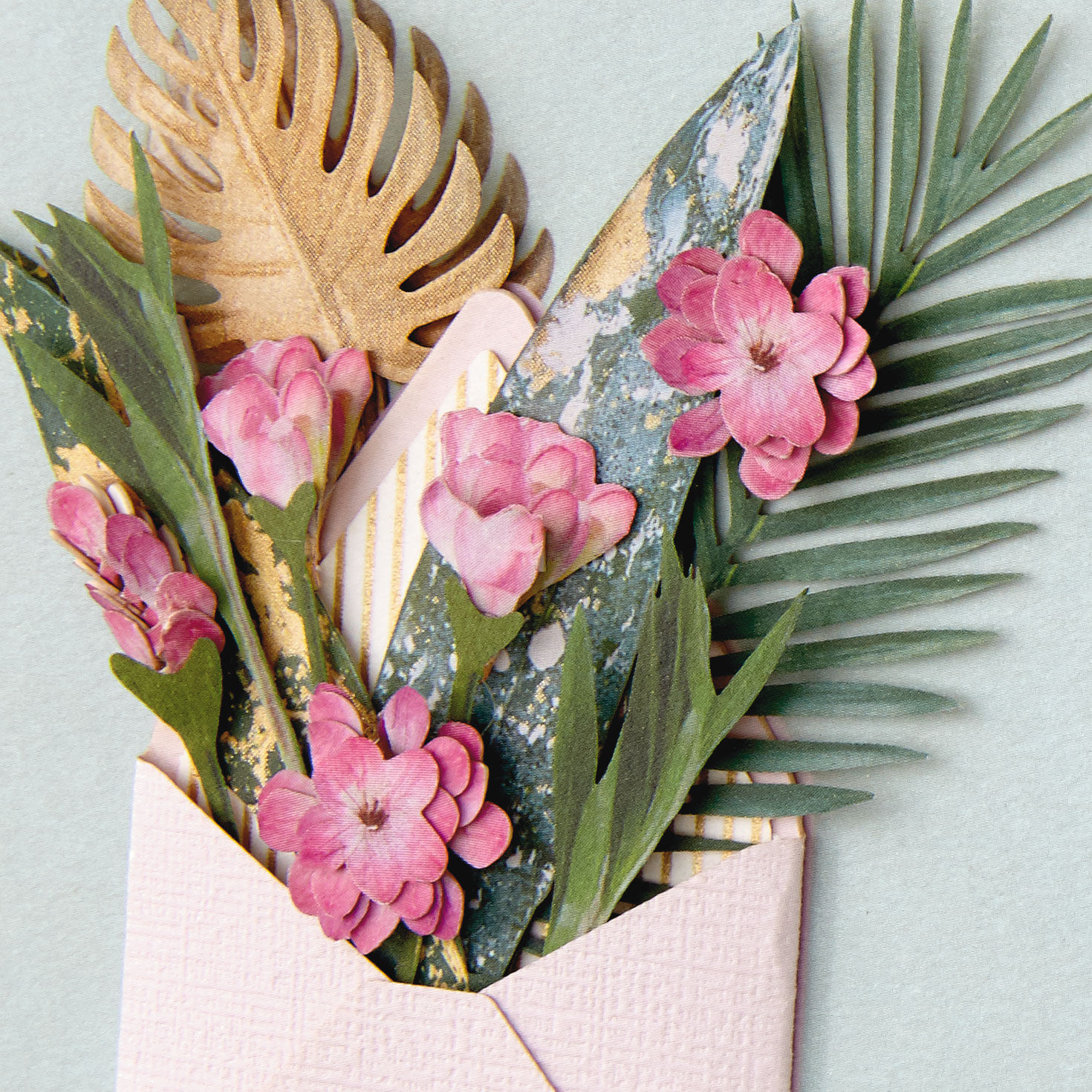 Palm and Monstera Leaves with Purple Flowers Blank Card Card Front Detail image number 3