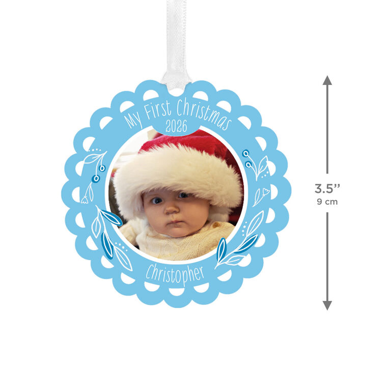 Baby's First Christmas Blue Scalloped Metal Personalized Ornament