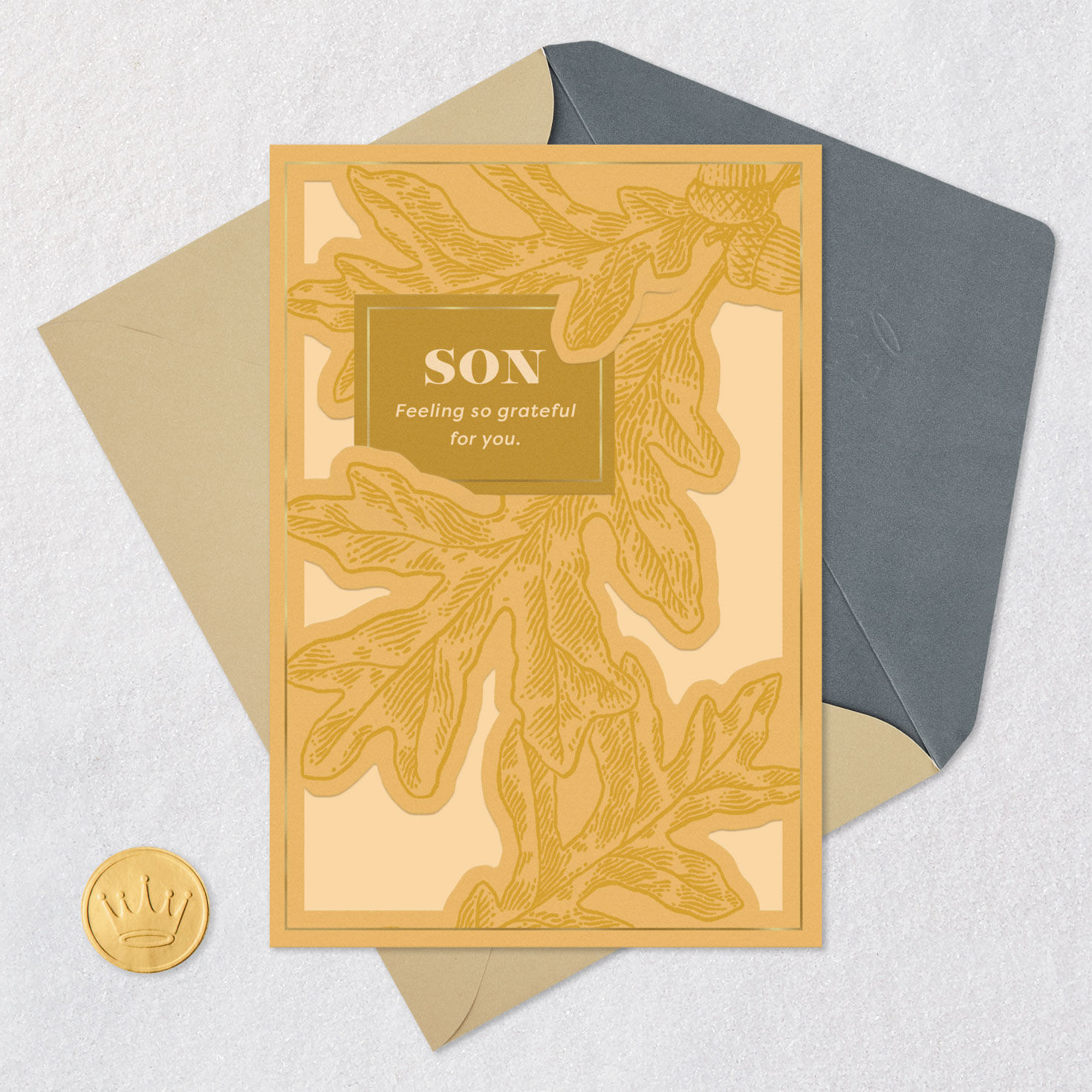 Gold Oak Leaf Thanksgiving Card for Son Card Front with Envelope and Gold Seal image number 5