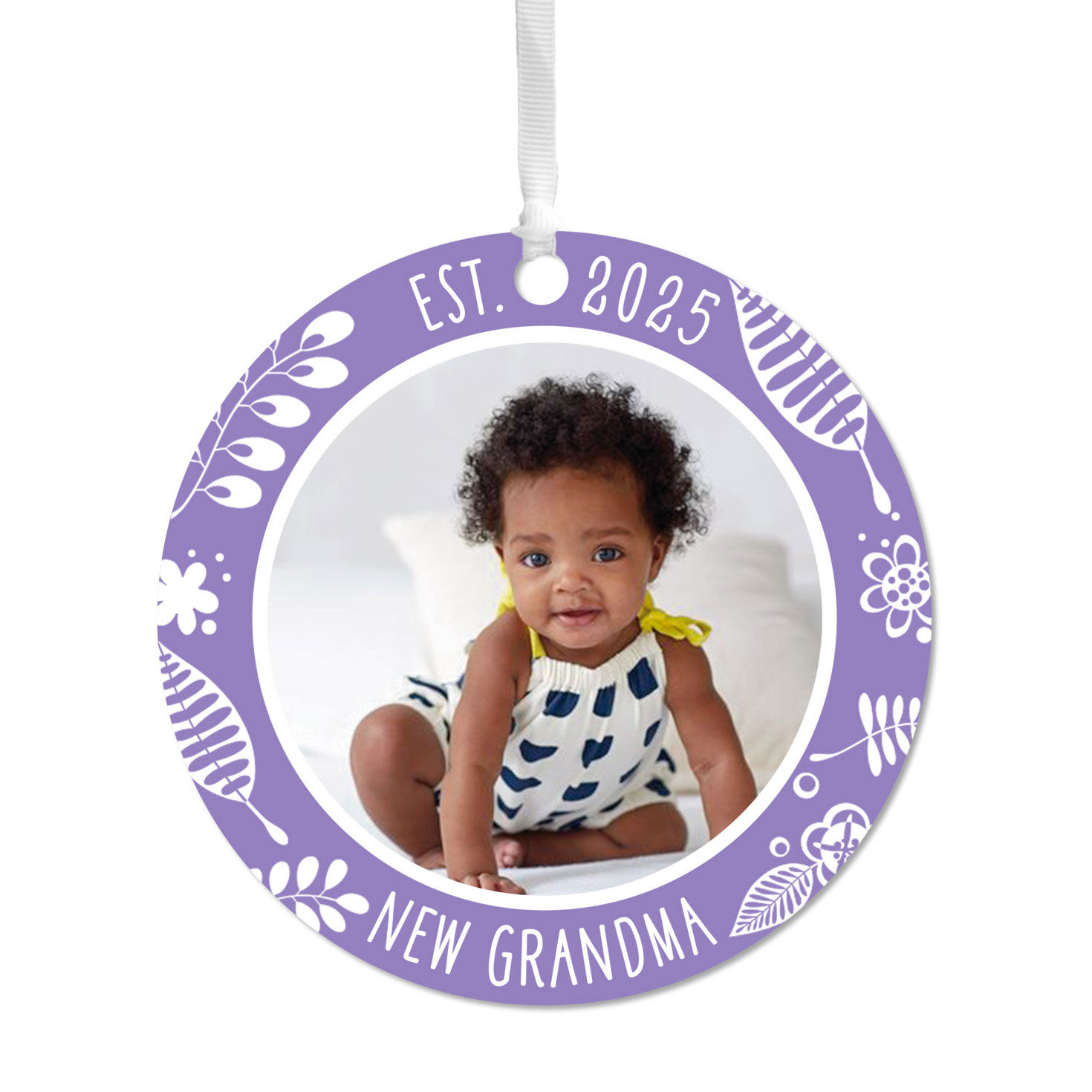 New Grandma Round Metal Personalized Ornament, Custom Photo and Text