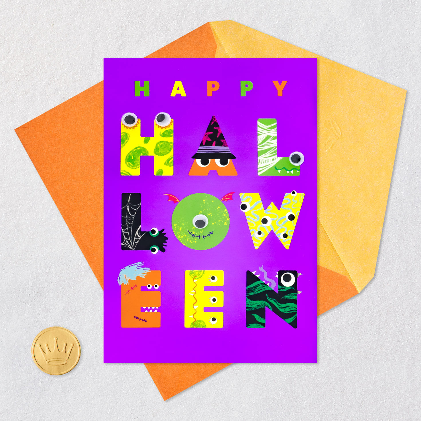 Monster Lettering on Purple Halloween Card Card Front with Envelope and Gold Seal image number 5