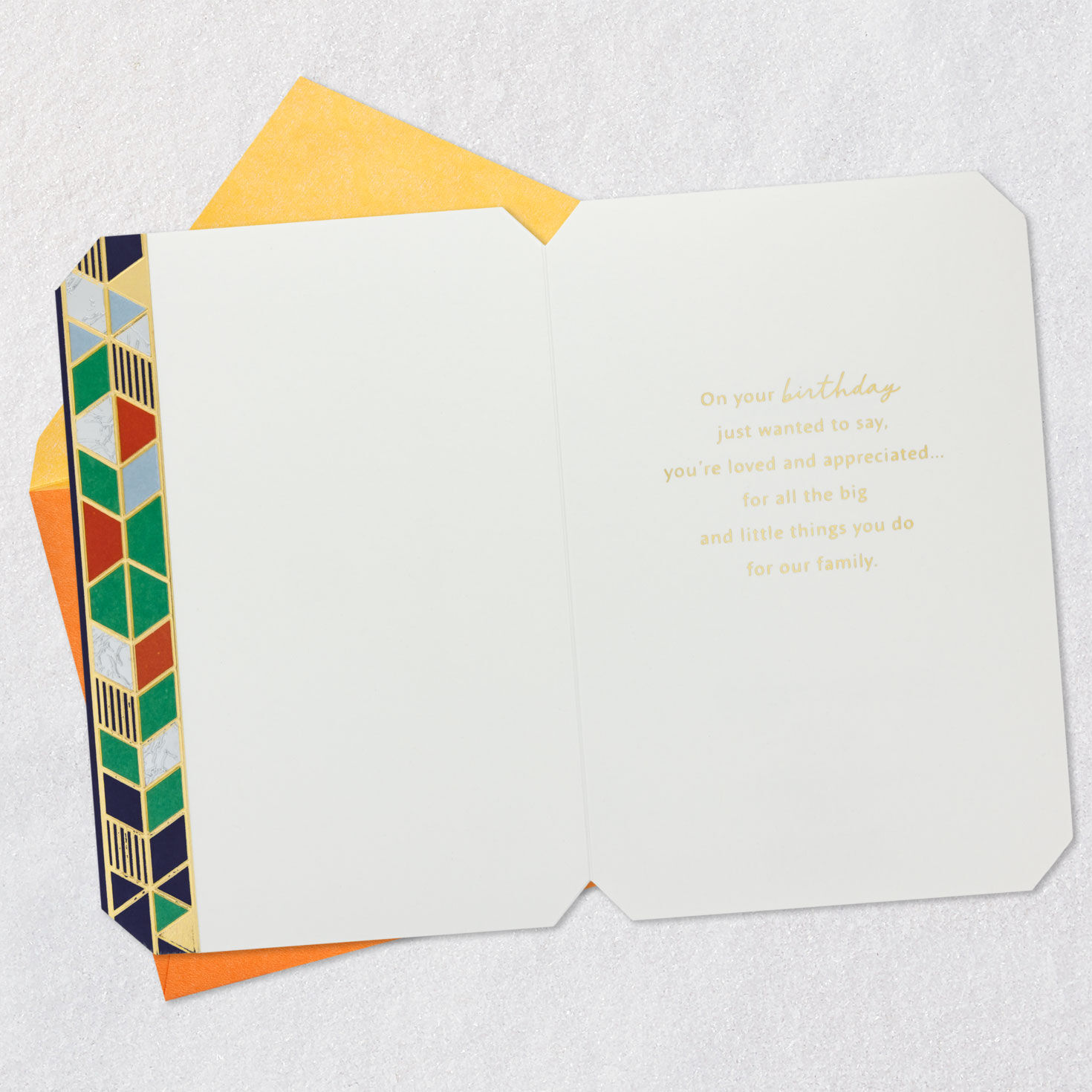 Geometric Orange and Green Cake on Navy Birthday Card Open card with envelope image number 3