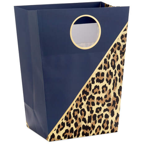 13" Navy and Leopard Print Trapezoid Gift Bag, , large