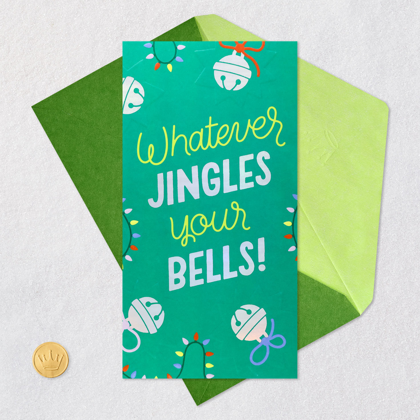 Teal Jingle Bells Christmas Gift Card Holder Card Front with Envelope and Gold Seal image number 6