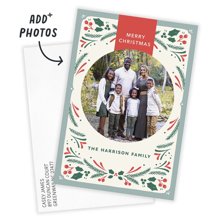 Folk Art Wreath Flat Christmas Photo Card, , large image number 2