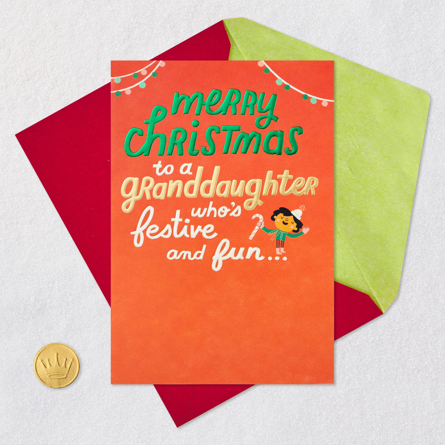 Orange and Green Christmas Card for Granddaughter Card Front with Envelope and Gold Seal image number 5