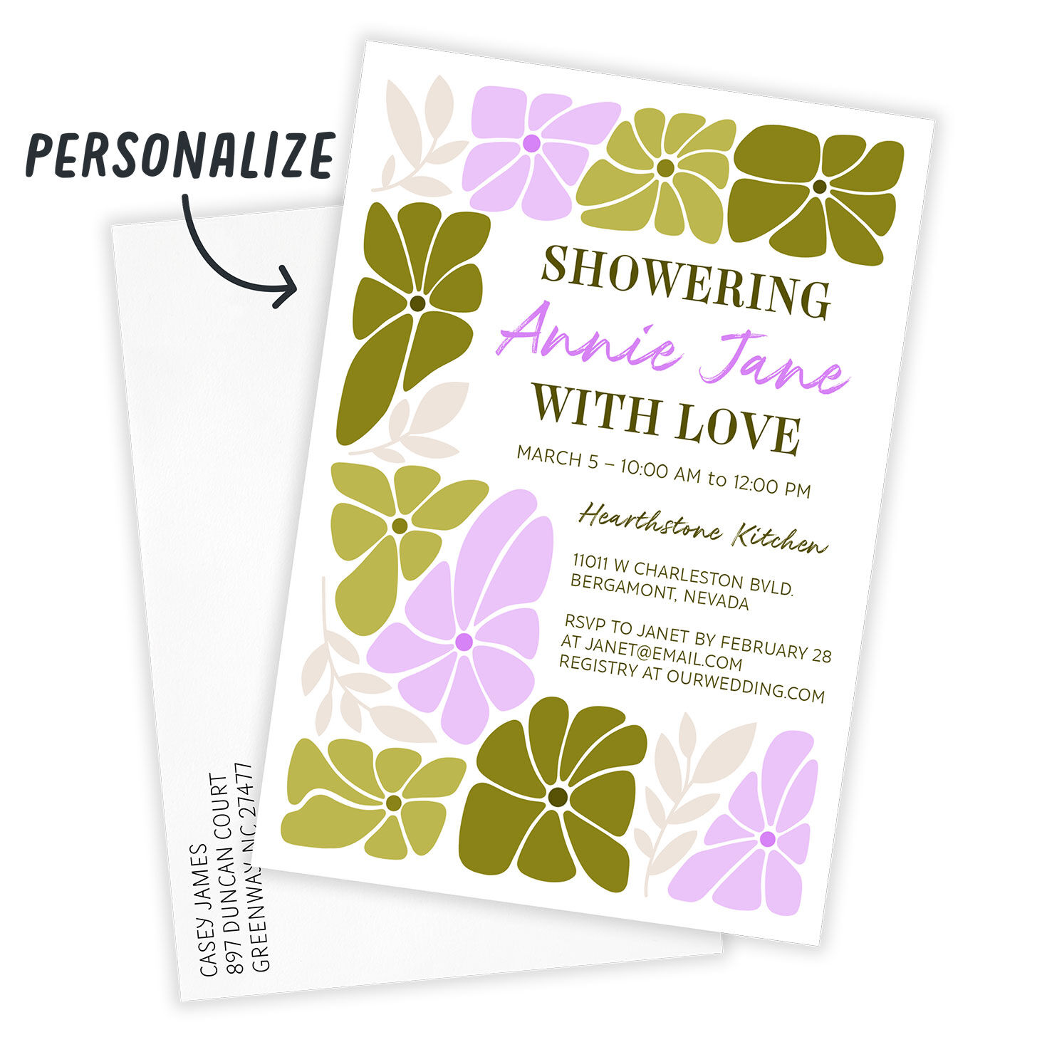 Green Pink Flowers Personalized Shower Invitation Card front with Envelope indicating personalization image number 2