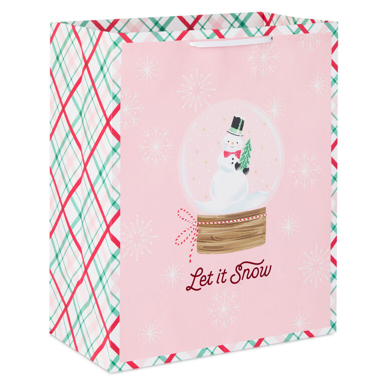 13" Snowman Snow Globe on Pink Large Holiday Gift Bag
