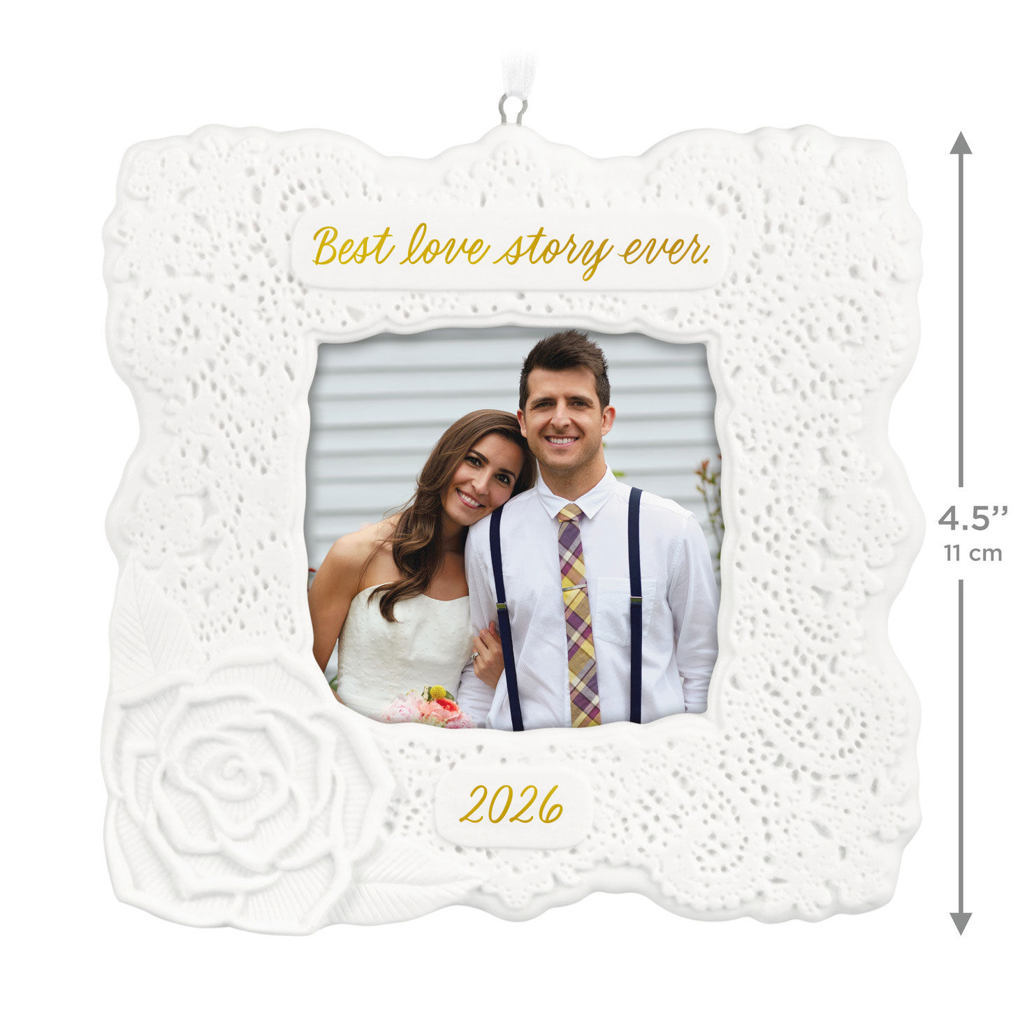 White Lace Flower Frame Personalized Photo Ornament measurement image number 3