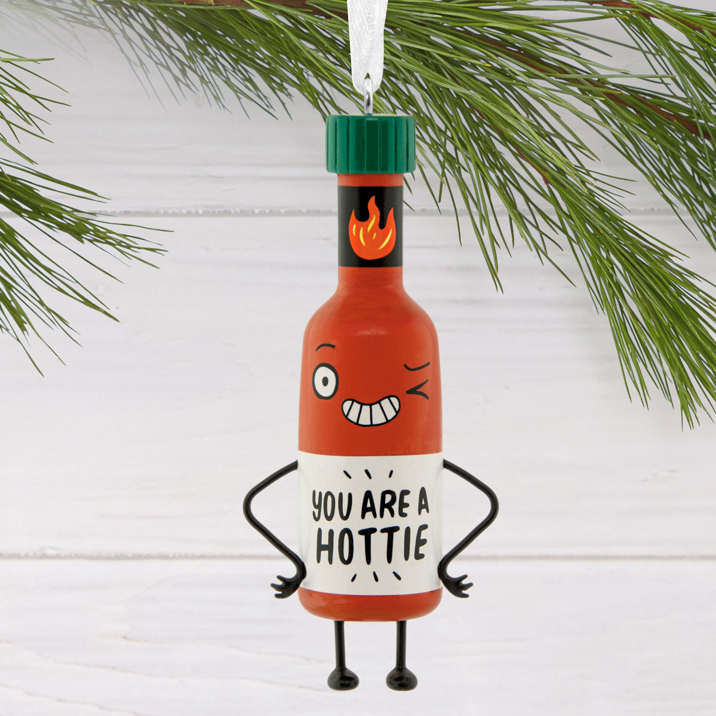 Hottie Hot Sauce Bottle Christmas Ornament hanging on tree image number 2
