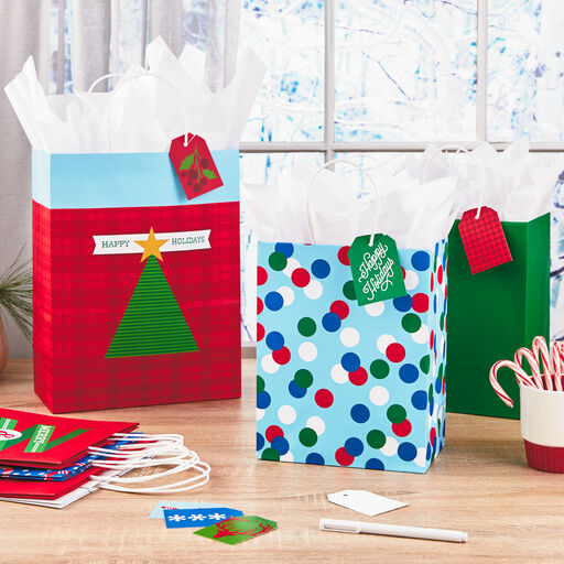 Colorful Christmas Gift Bags With Mix and Match Tags, Assorted Sizes and Designs, 