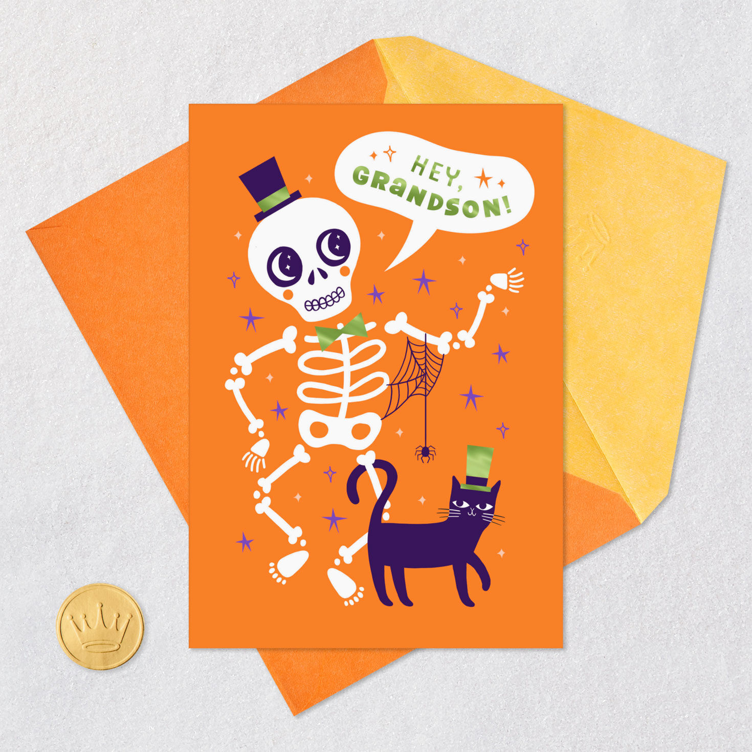 Skeleton and Cat Halloween Card for Grandson Card Front with Envelope and Gold Seal image number 5