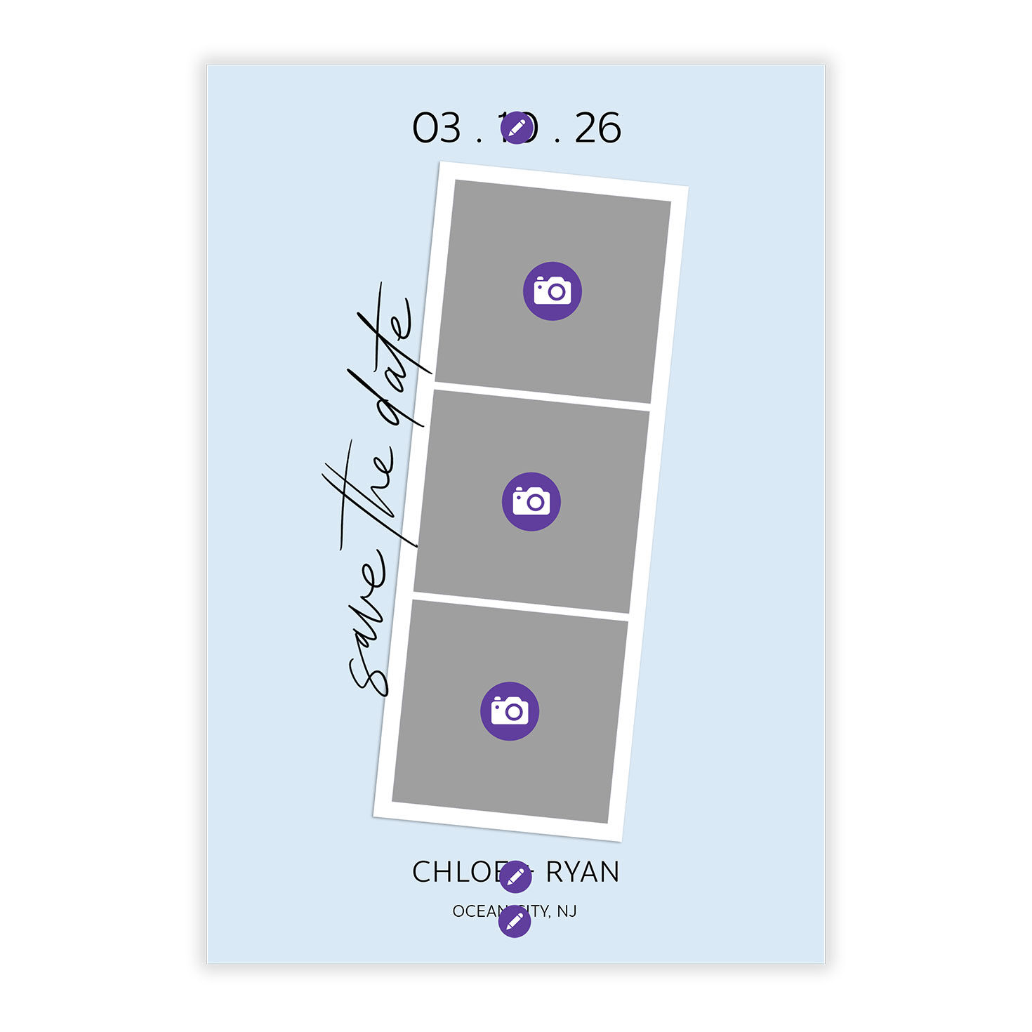 Blue Photo Strip Personalized Save the Date Card Card Front indicating personalization image number 5