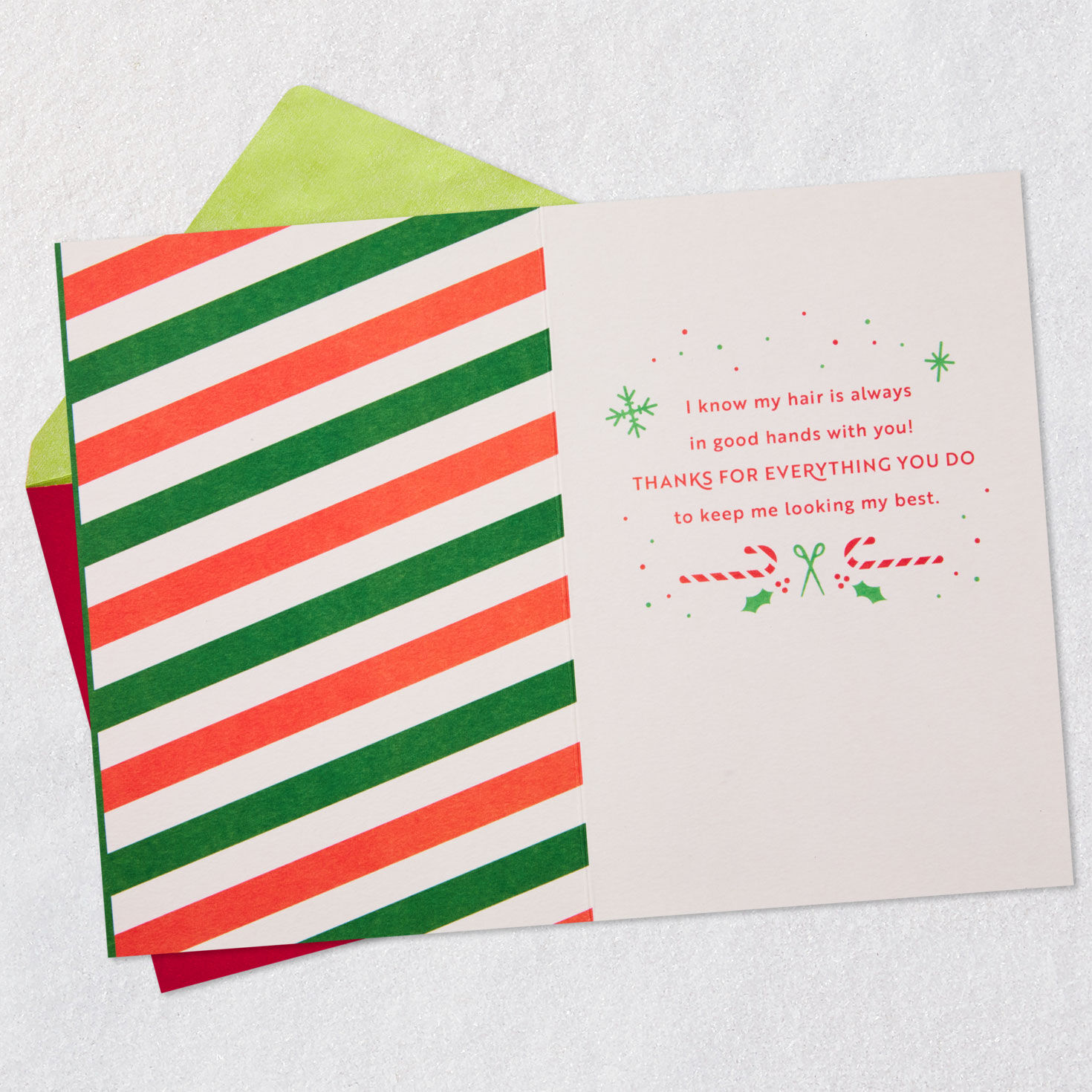 Red and Green Barber Pole Christmas Card for Hairstylist Open card with envelope image number 3