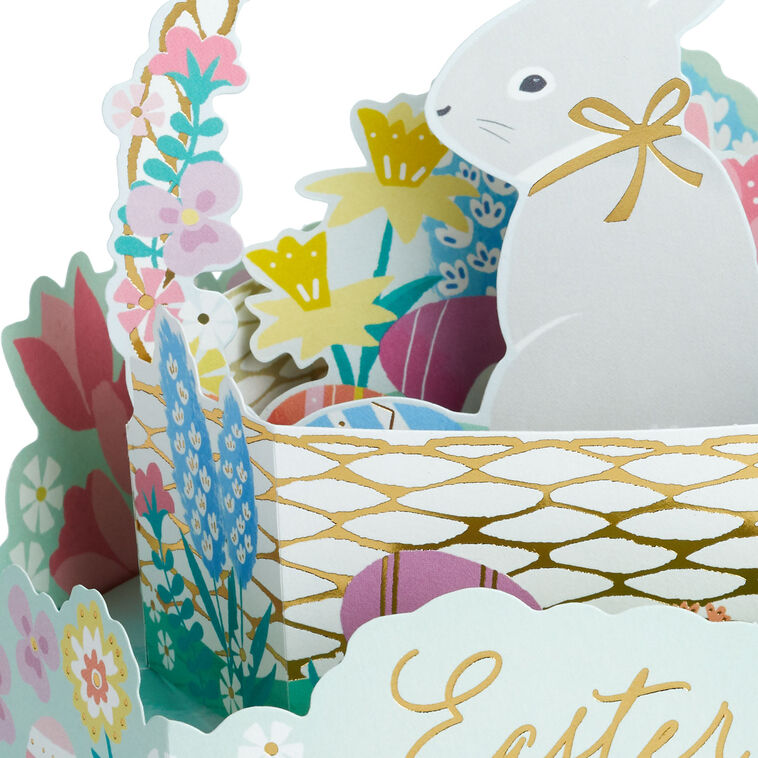 Happy Easter | Biglietto Di Auguri Pop-Up 3D A Cestino Di Pasqua | Coniglietto E Uova | 15x15 Cm | Con Busta | Regalo Per Bambini E Famiglia