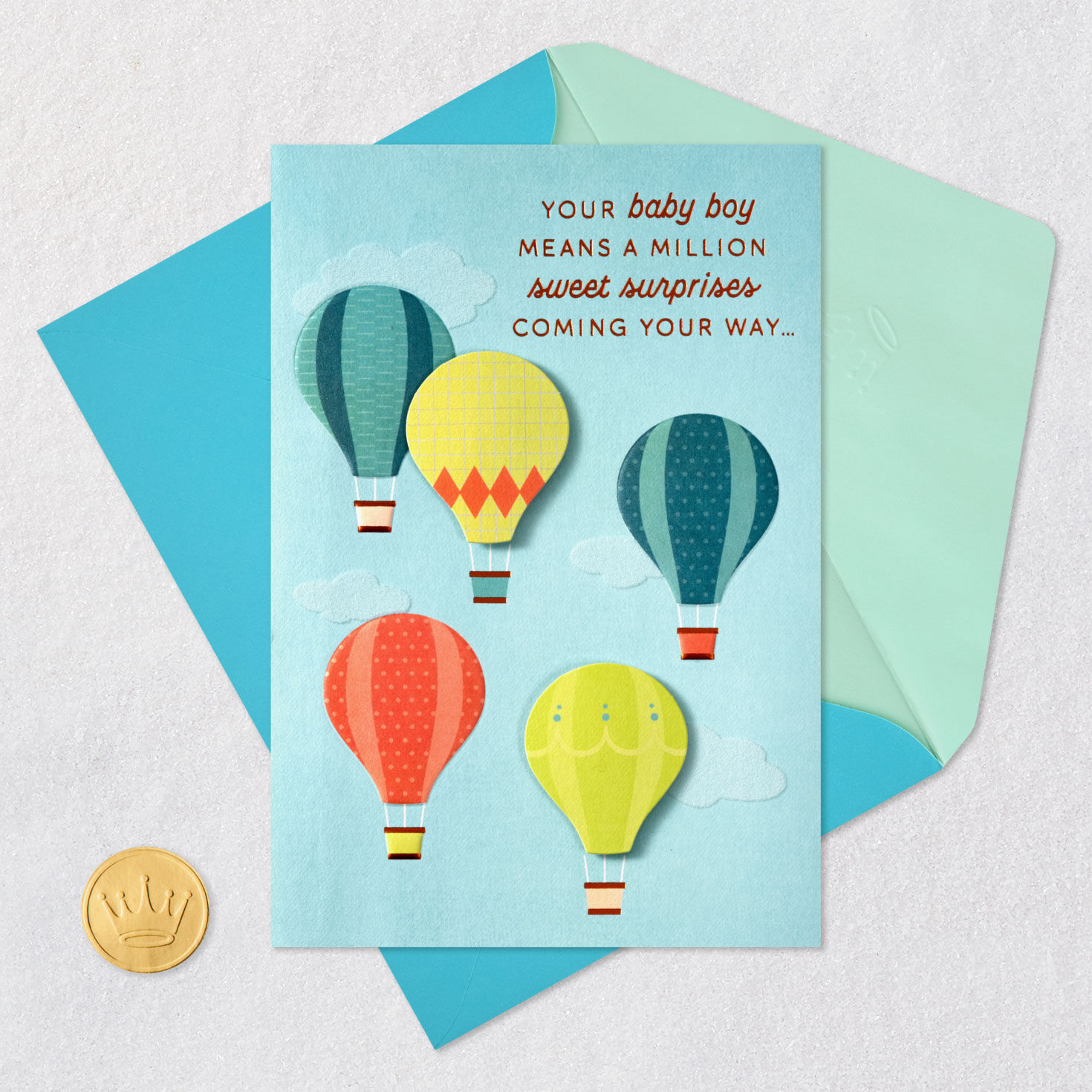 Hot Air Balloons New Baby Boy Card Card Front with Envelope and Gold Seal image number 7