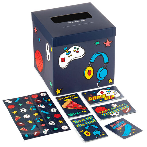 Games and Sports Kids Classroom Valentines Set With Cards, Stickers and Mailbox, 