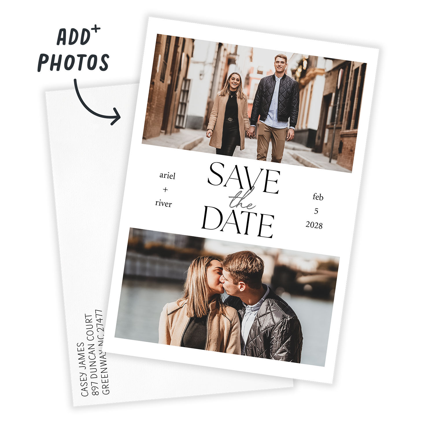 Simple Two Photos Personalized Save the Date Card Card Front indicating personalization image number 2