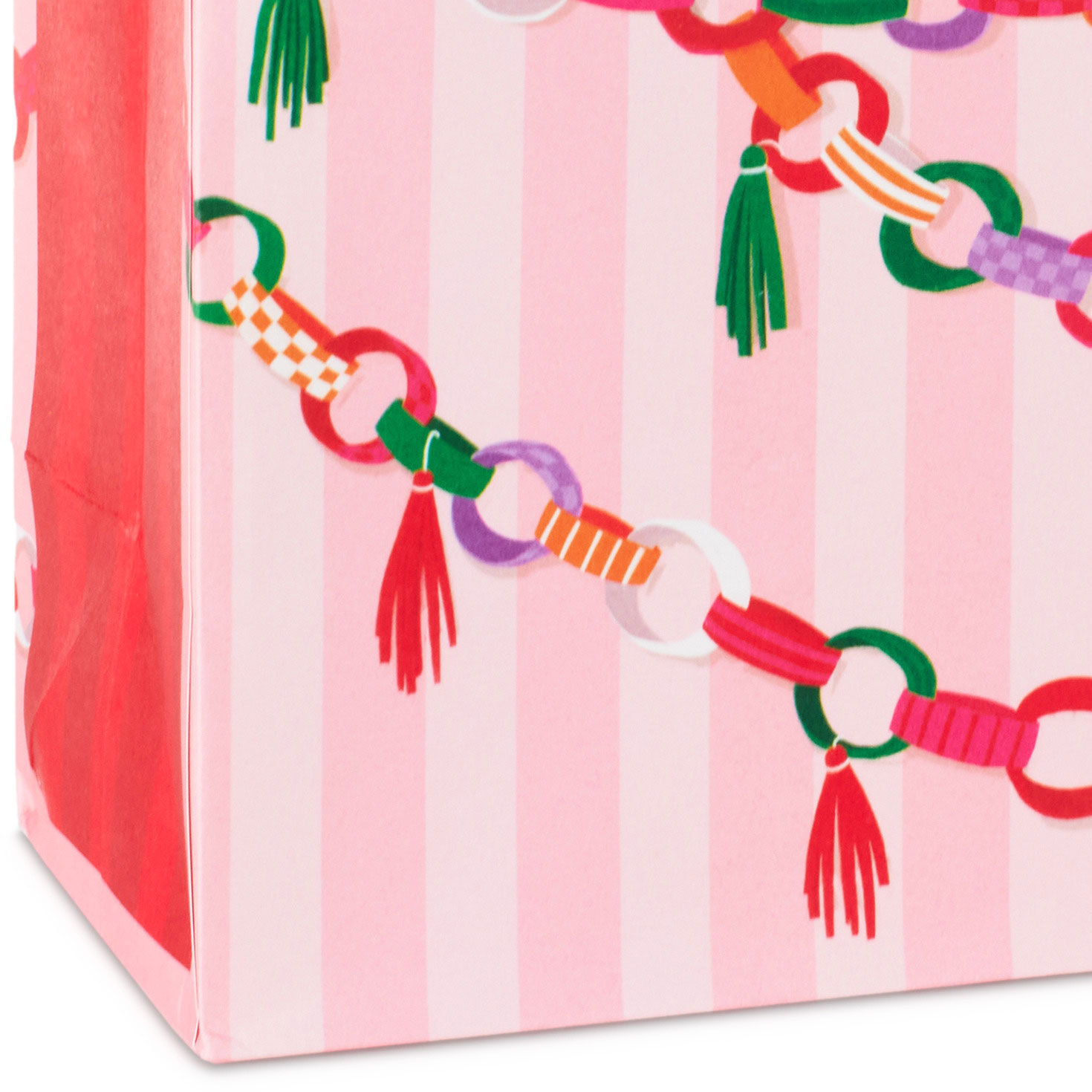 Paper Chains on Pink Stripes Small Holiday Gift Bag Base/Side Detail image number 5