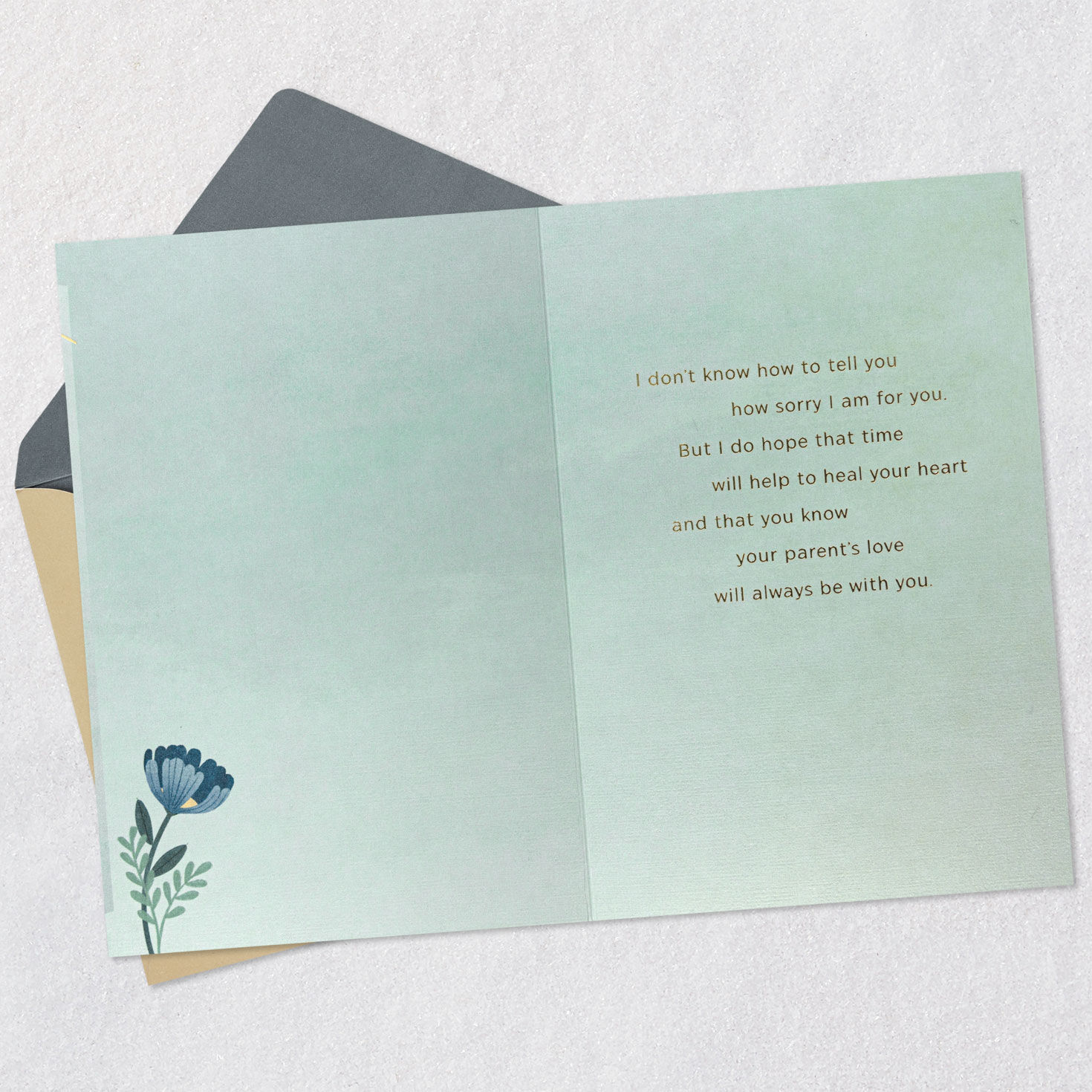 Blue Flower on Teal Parent Sympathy Card Open card with envelope image number 3