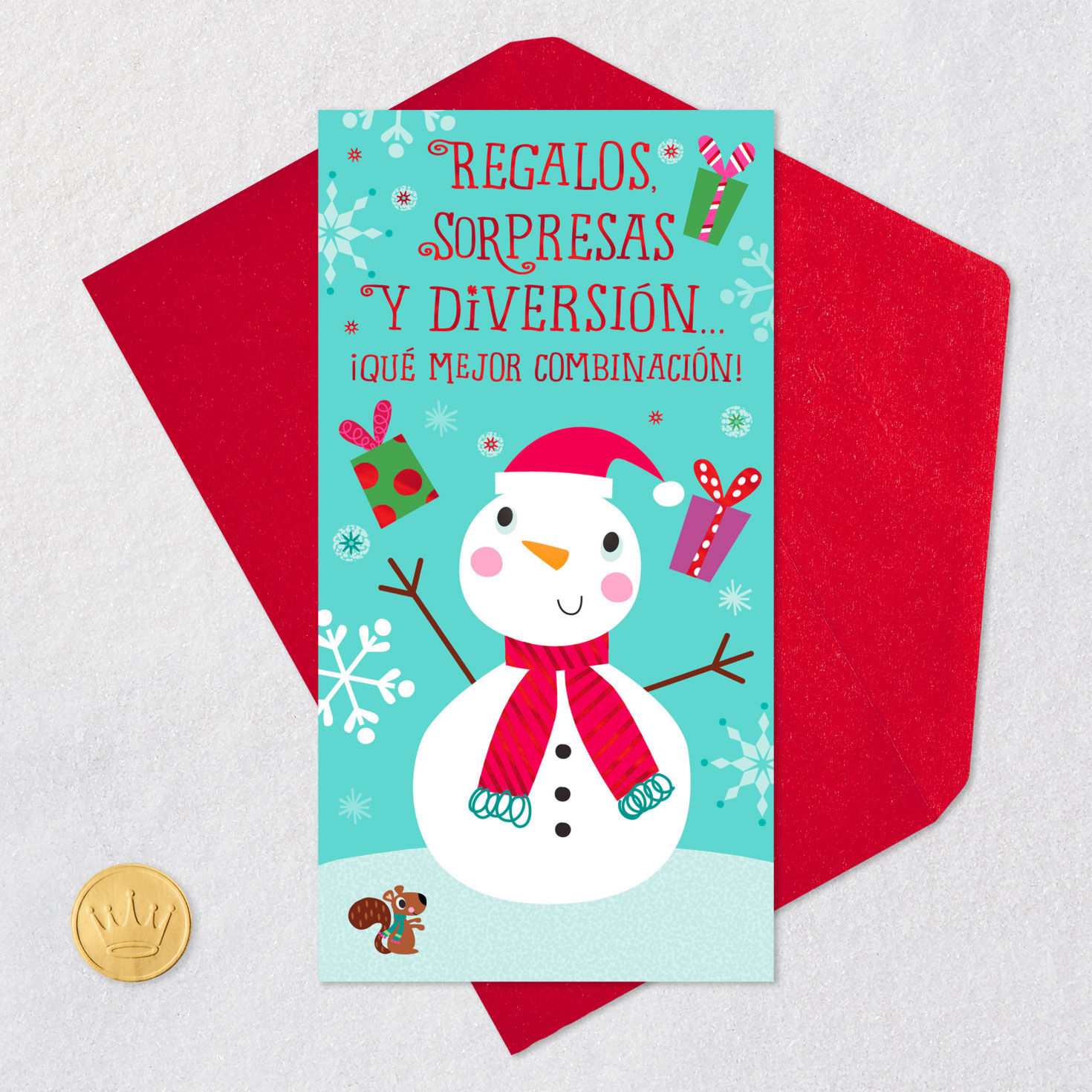 Snowman Spanish Gift Card Holder Christmas Card Card Front with Envelope and Gold Seal image number 5