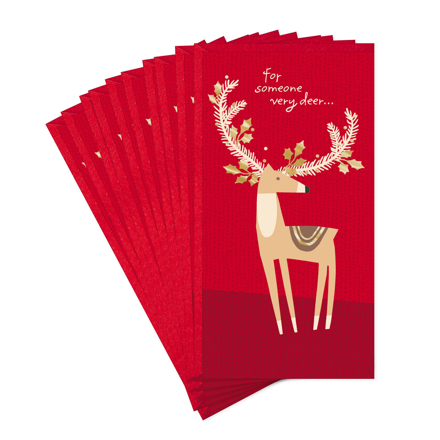 Brown Reindeer on Red Money Holder Christmas Cards, Pack of 10