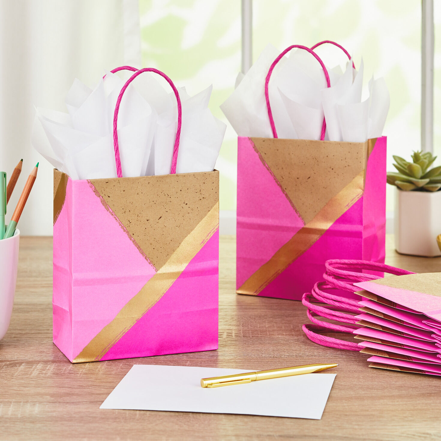 6.5" Pink and Kraft Paper 8-Pack Gift Bags, , large image number 2
