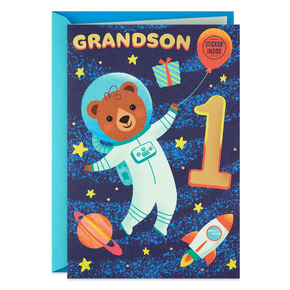Out of this World First Birthday Card for Grandson With Sticker