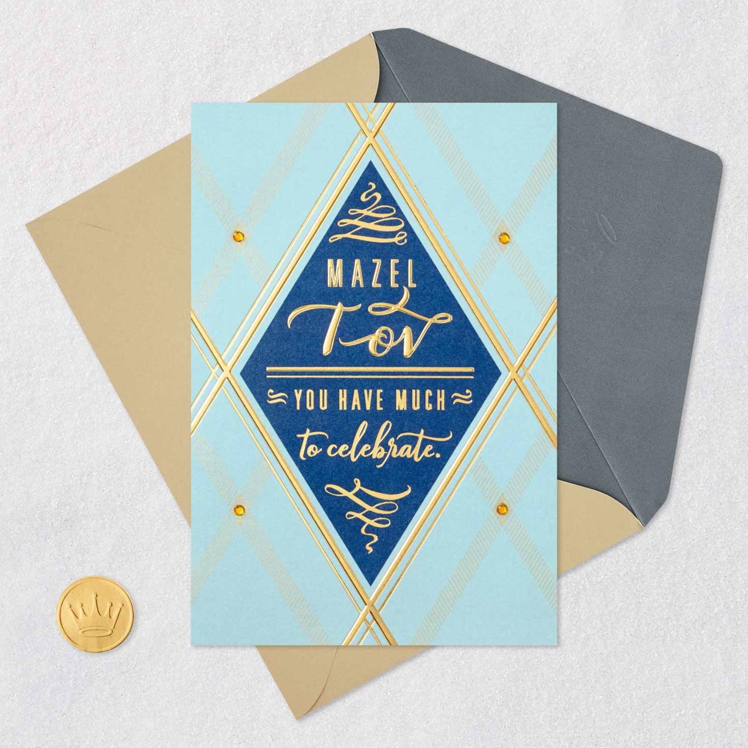 Mazel Tov Blue and Gold Congratulations Card Card Front with Envelope and Gold Seal image number 5