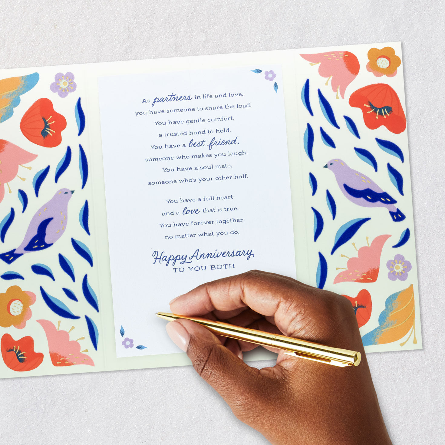 Lovebirds and Flowers Anniversary Card for Couple signing card image number 6
