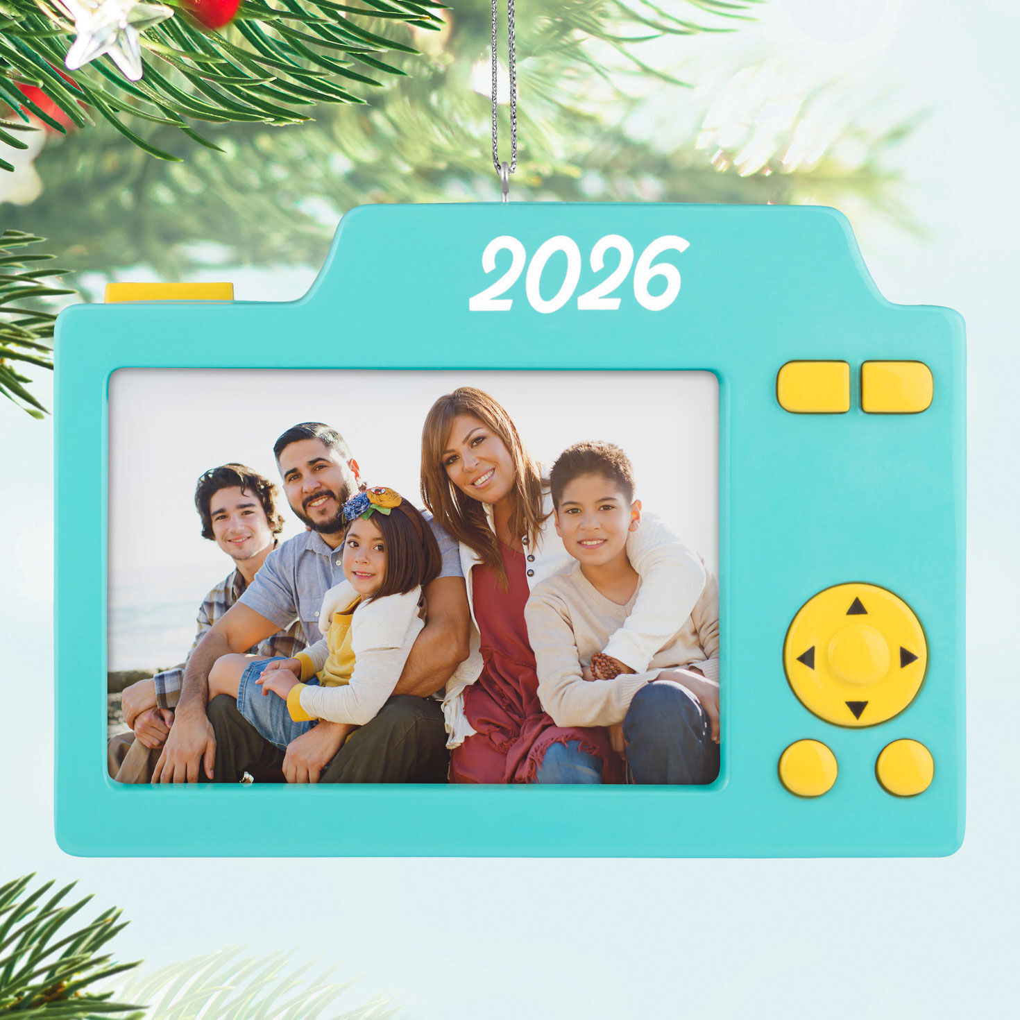 Blue Camera Personalized Photo Ornament Hanging on tree image number 2