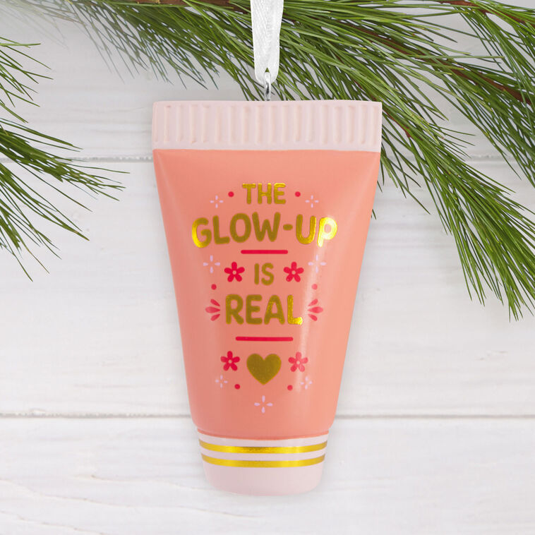 Glow-Up Is Real Bottle Christmas Ornament hanging on tree image number 2