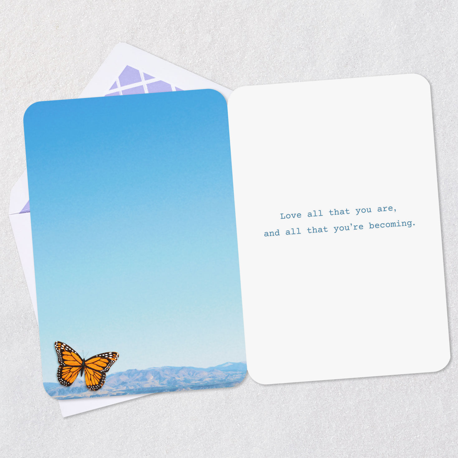 Butterfly and Flowers LGBTQ+ Encouragement Card Open card with envelope image number 3