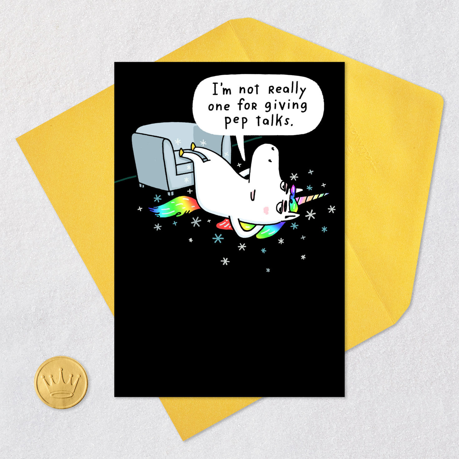 Meh Unicorn Pep Talk Funny Encouragement Card Card Front with Envelope and Gold Seal image number 5