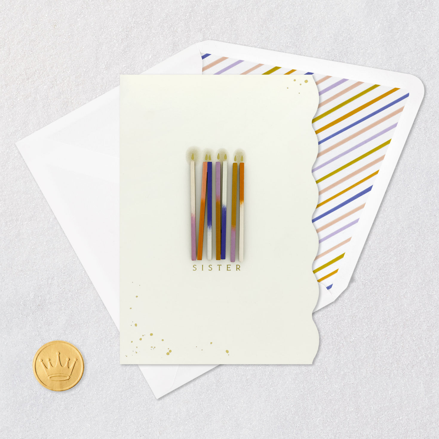 Rainbow Candles on White Sister Birthday Card Card Front with Envelope and Gold Seal image number 5