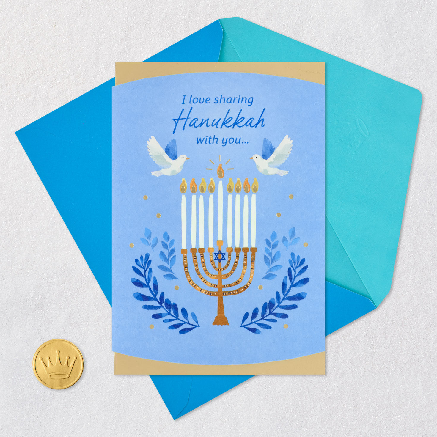 Blue Menorah and Doves Hanukkah Card Card Front with Envelope and Gold Seal image number 5