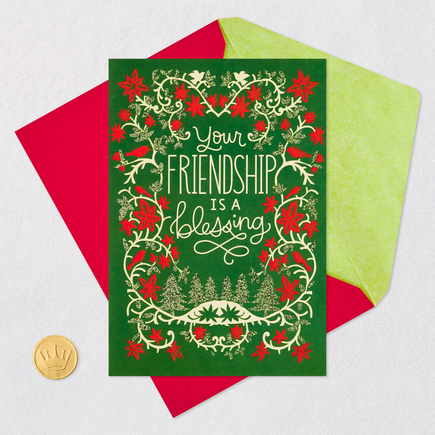 Cardinals and Poinsettias Christmas Card for Friend Card Front with Envelope and Gold Seal image number 6