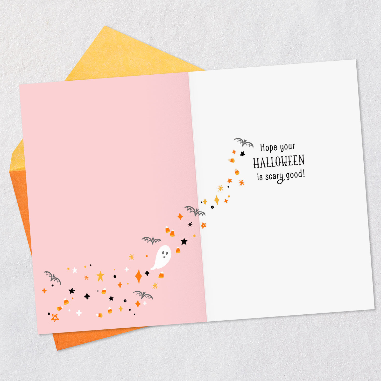 Moon, Stars, Pumpkins on Pink Halloween Card Open card with envelope image number 3