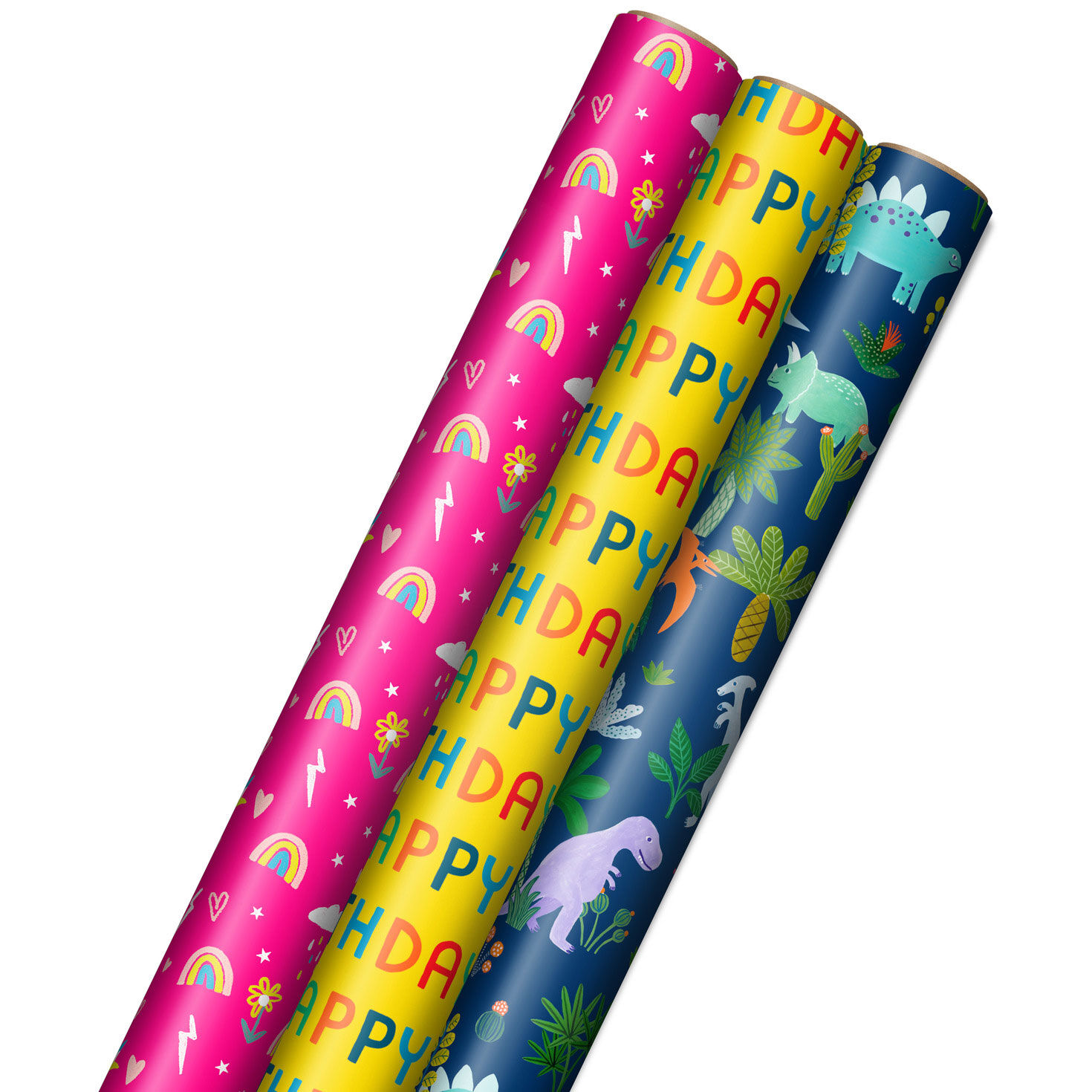 Rainbows, Dinos and Happy Wishes 3-Pack Wrapping Paper Roll Bundle, 75 sq. ft. total