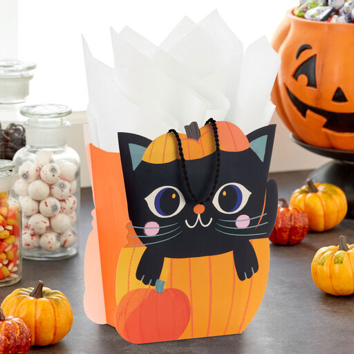 8.5" Black Cat in Pumpkin Medium Halloween Gift Bag, 