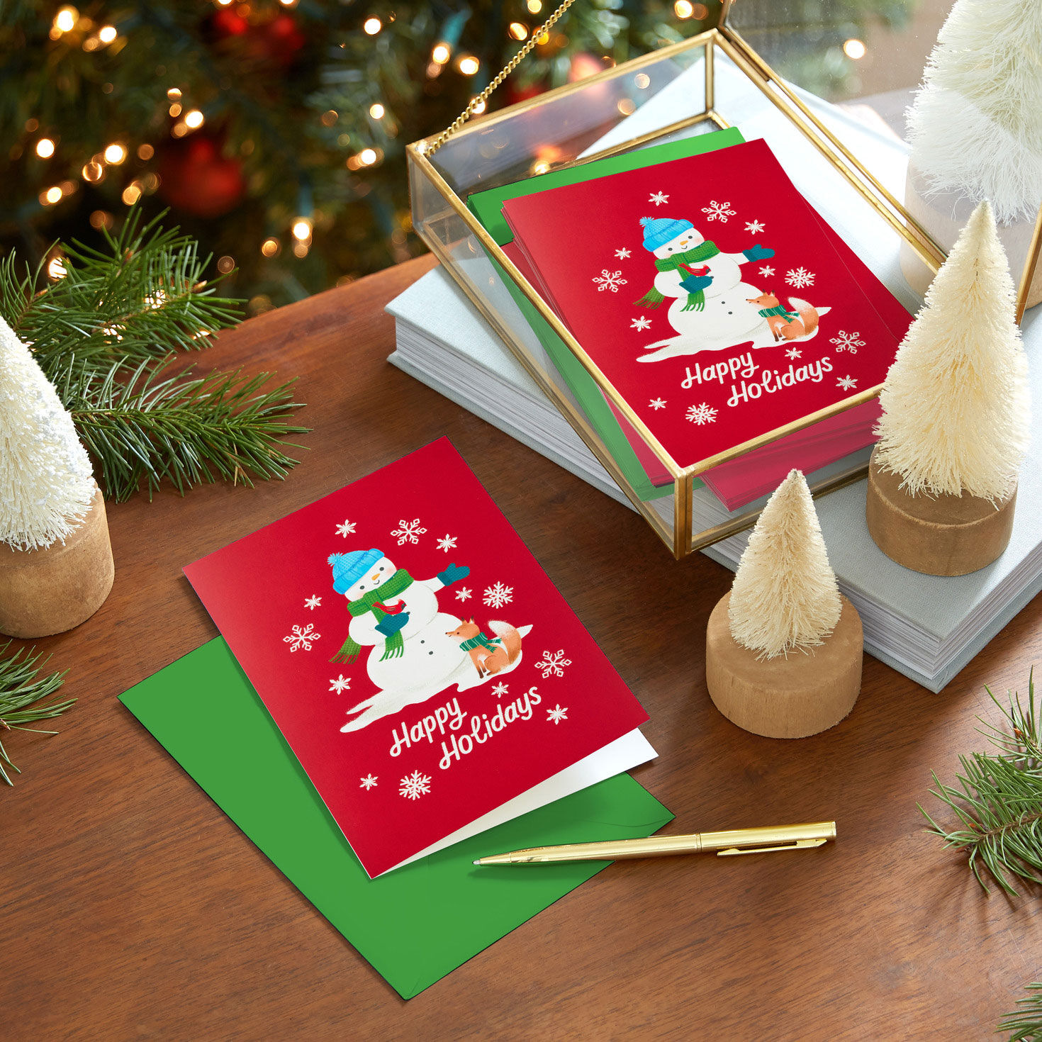 Snowman and Fox Boxed Christmas Cards In use image number 7