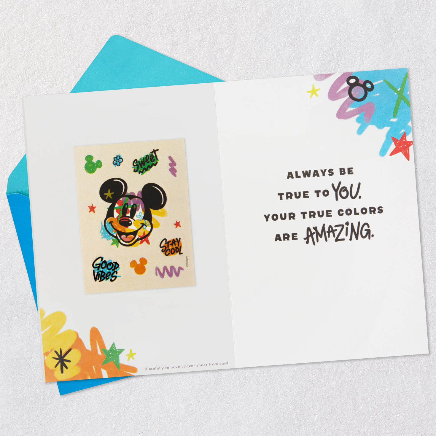 Orange, Blue and Red Doodles Disney Mickey Mouse Birthday Card Open card with envelope image number 3